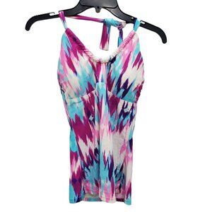 Hapari Women's White Multicolor Streak Halter‎ Neck Tankini Swim Bikini Top M